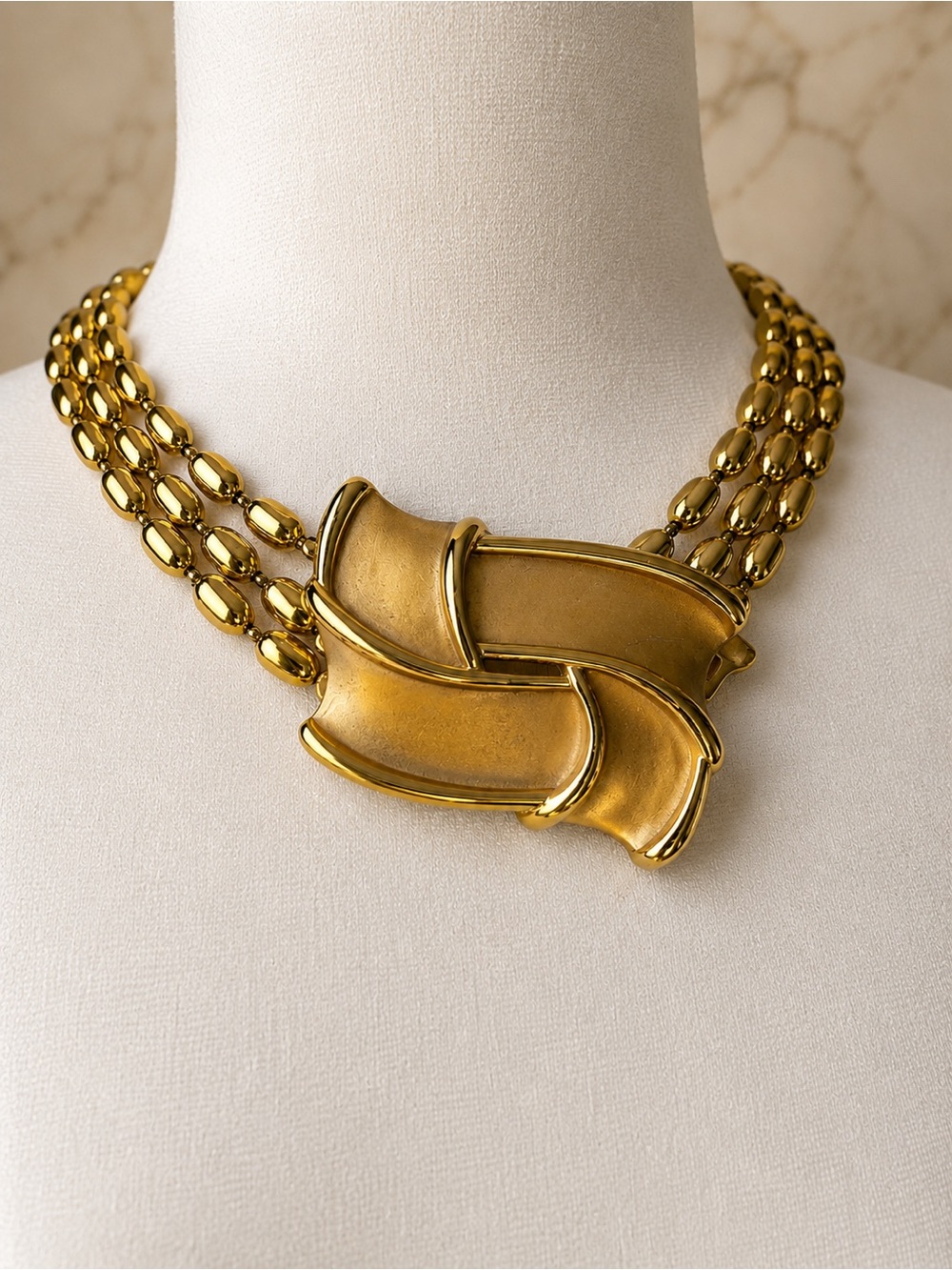 VTG YSL Yves Saint Laurent Gold-Tone Statement Necklace Triple Strand Beads